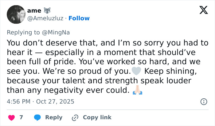 Tweet expressing support for actress Ming-Na Wen, highlighting talent and strength overcoming negativity and insults.