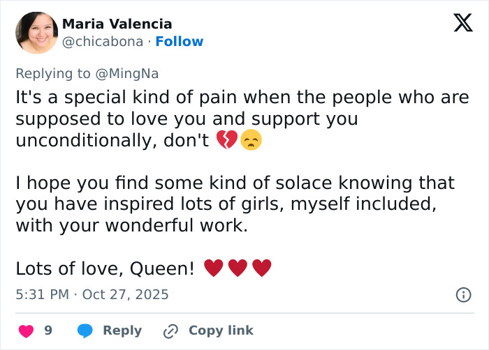 Twitter reply to actress Ming-Na Wen about her mom&rsquo;s insults and her inspiring acting career.