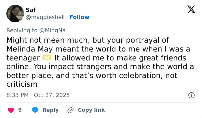 Screenshot of a tweet praising actress Ming-Na Wen for her impactful portrayal of Melinda May, inspiring a teenager.