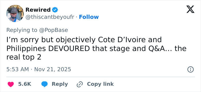 Twitter user criticizing Miss Universe 2025's victory, mentioning leaned on the victim narrative and backlash in the comments.