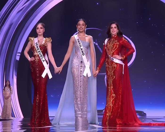 Three contestants from Venezuela, Thailand, and Mexico on stage at Miss Universe 2025 pageant facing backlash over victim narrative.