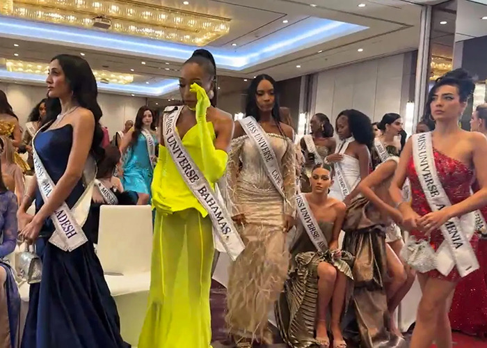 Miss Universe contestants in elegant gowns at event where Miss Mexico responds to VP&rsquo;s controversial comment.