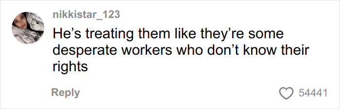 Comment on social media by user nikkistar_123 criticizing treatment of workers amid drama at Miss Universe involving Miss Mexico and VP.