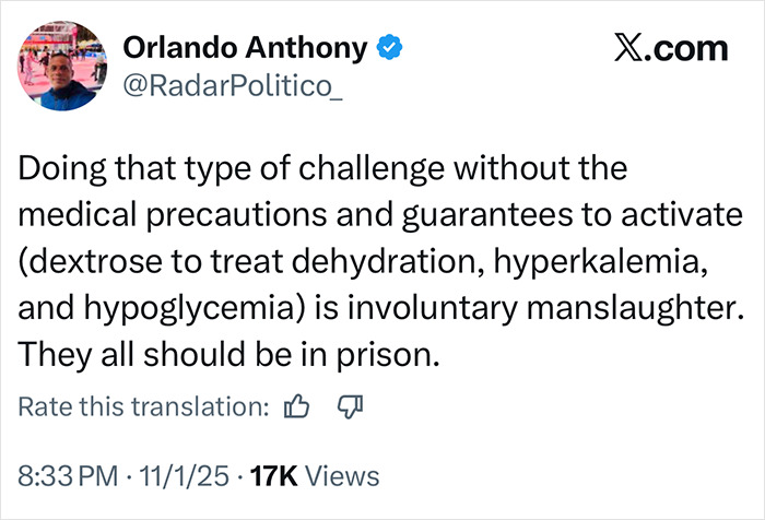Tweet from Orlando Anthony discussing legal consequences of fatal nightclub challenge causing involuntary manslaughter.