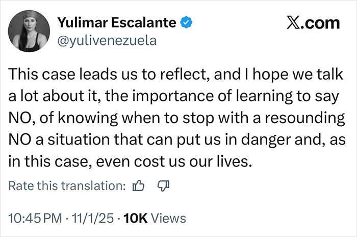 Tweet from Yulimar Escalante reflecting on the importance of saying no after a fatal nightclub challenge during birthday celebration.