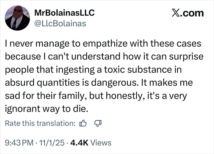 Tweet discussing dangers of toxic substance ingestion in relation to a fatal nightclub challenge involving a 23YO mom's birthday celebration.