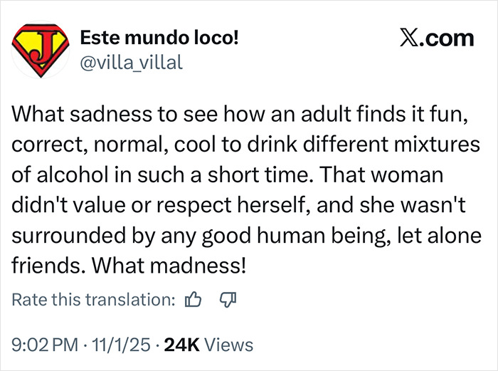 Tweet criticizing reckless alcohol consumption during a 23YO mom's nightclub birthday celebration gone wrong.