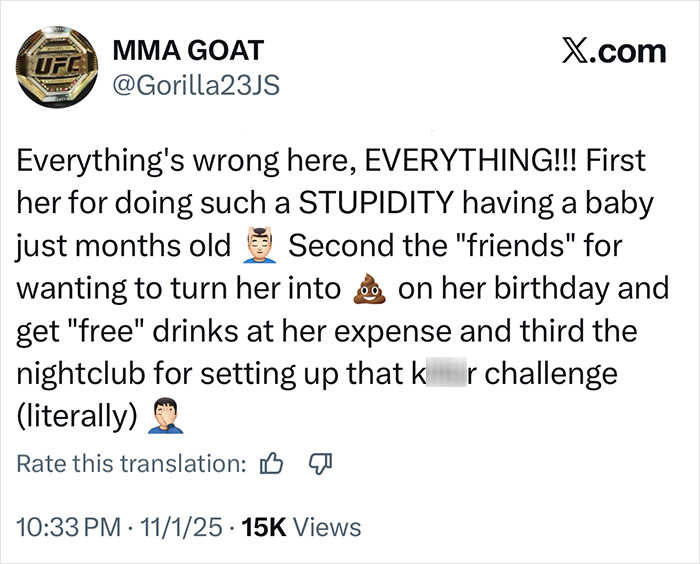 Social media post criticizing friends and nightclub after 23-year-old mom's birthday celebration goes wrong with fatal challenge.