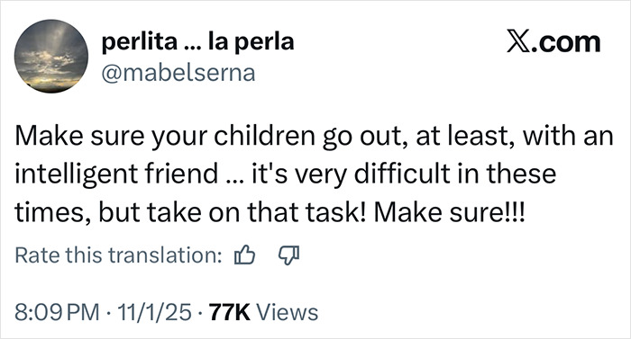 Tweet advising parents to ensure children go out with intelligent friends, highlighting safety amid difficult times and a fatal nightclub challenge.