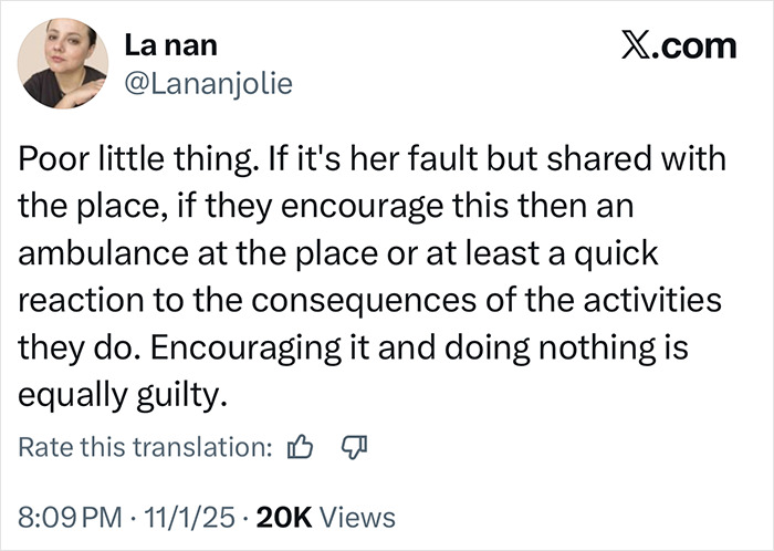 Tweet discussing a fatal nightclub challenge during a 23YO mom's birthday celebration and the venue's responsibility.