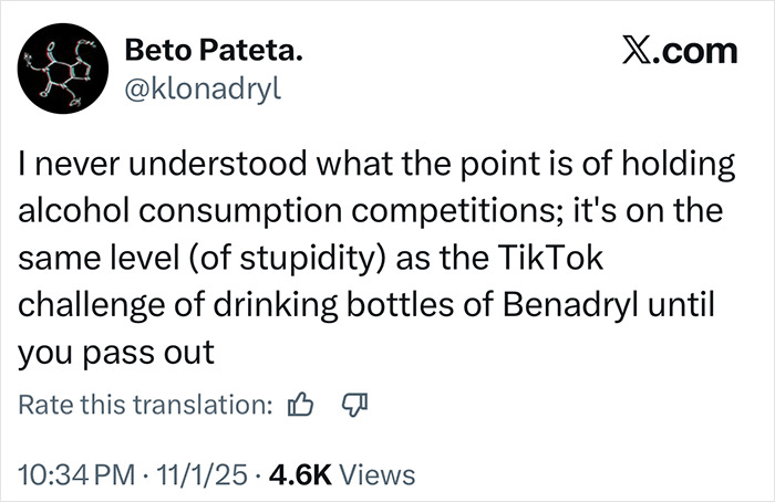 Tweet discussing dangers of alcohol consumption competitions and fatal TikTok Benadryl challenge linked to nightclub incident.
