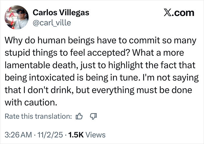 Tweet by Carlos Villegas reflecting on a fatal nightclub challenge during a 23-year-old mom's birthday celebration.