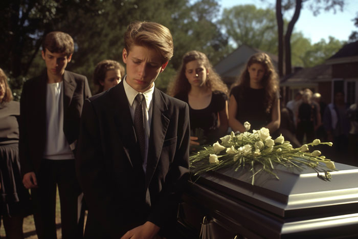 Young man in a black suit mourning beside a coffin with white flowers, reflecting on mom affair and college money issues with dad.