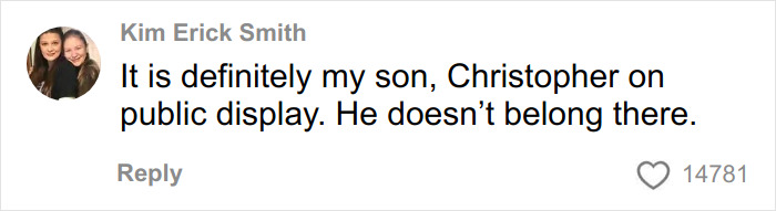 Comment from Kim Erick Smith expressing concern over a public display resembling her son at a Las Vegas museum.