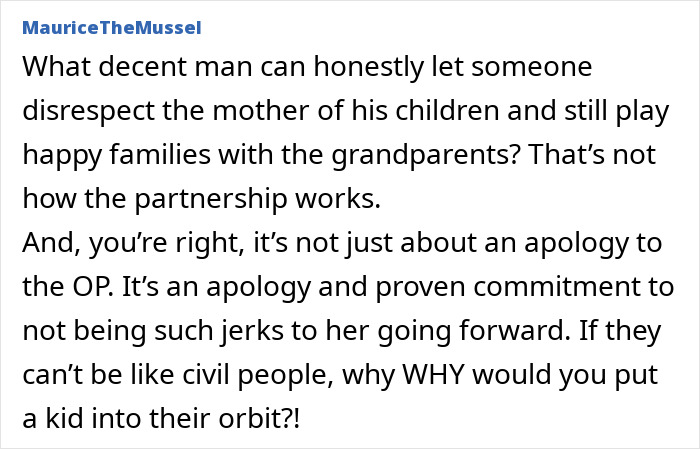 Comment discussing father-in-law disrespecting daughter-in-law and husband&rsquo;s reaction to her banning them from home.