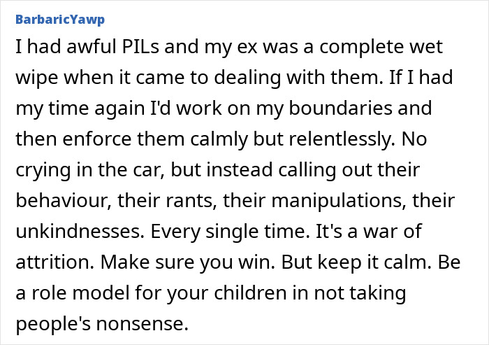 Comment discussing harsh father-in-law behavior and setting boundaries to protect oneself and family from manipulation and unkindness.