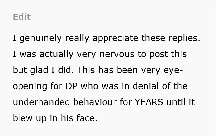 Screenshot of a text message discussing underhanded behavior and family conflict involving father-in-law and daughter-in-law.