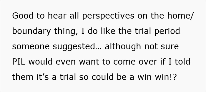 Text comment about father-in-law treating daughter-in-law poorly and home boundary trial period discussion.
