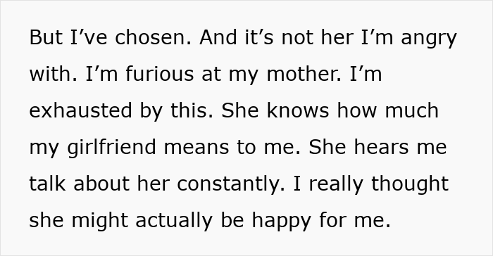 Man cuts ties with his mother after she reveals true colors through texts to his girlfriend, expressing anger and exhaustion.