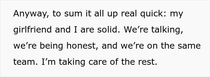 Text message emphasizing a man&rsquo;s solid relationship with his girlfriend after cutting ties with his mother.