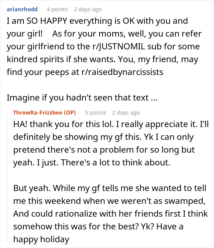 Reddit conversation about a man cutting ties with his mother after she reveals true colors in texts to his girlfriend.
