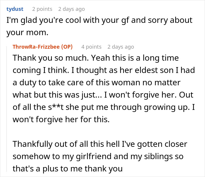 Screenshot of a conversation where a man discusses cutting ties with his mother after she reveals true colors in texts.