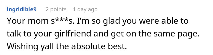 Screenshot of a Reddit comment supporting a man cutting ties with his mother after she revealed her true colors to his girlfriend.