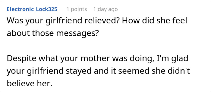 Screenshot of a user comment discussing a man cutting ties with his mother after her texts to his girlfriend.