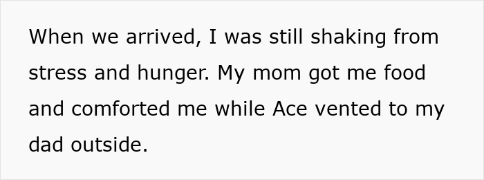 Text excerpt showing a woman sharing a stressful experience during Thanksgiving while her family offers comfort.