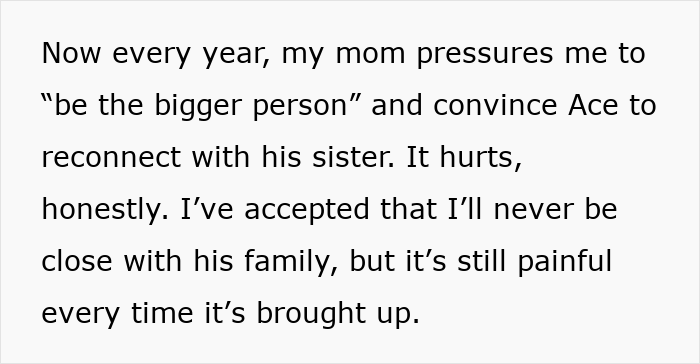 Text excerpt expressing emotional pain over family pressure to reconnect with sister, highlighting Thanksgiving SIL conflict.