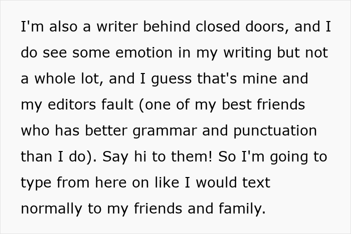 Text excerpt from a woman describing her writing style and emotions behind closed doors, reflecting on Thanksgiving SIL thoughts.