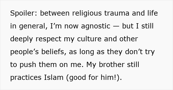 Text on a white background about religious trauma and respect for different beliefs, related to Thanksgiving and sister-in-law.