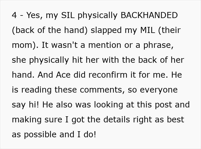 Text describing a woman&rsquo;s sister-in-law physically backhanding their mother-in-law as part of Thanksgiving conflict.