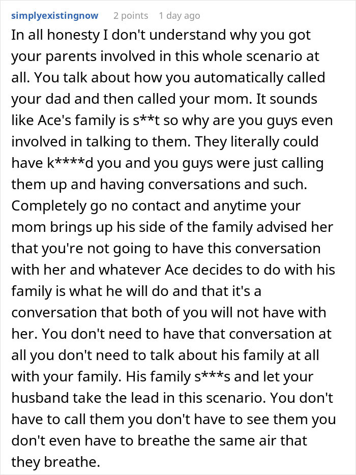 Text post showing advice about cutting off contact with problematic in-laws after a Thanksgiving family conflict involving a sister-in-law.