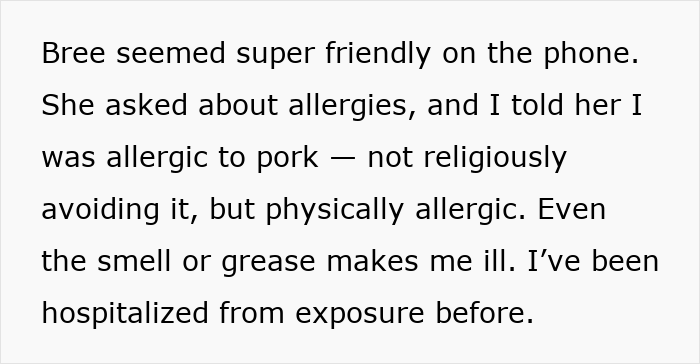 Text describing a woman&rsquo;s allergy to pork and her experience with illness, related to Thanksgiving family tensions.