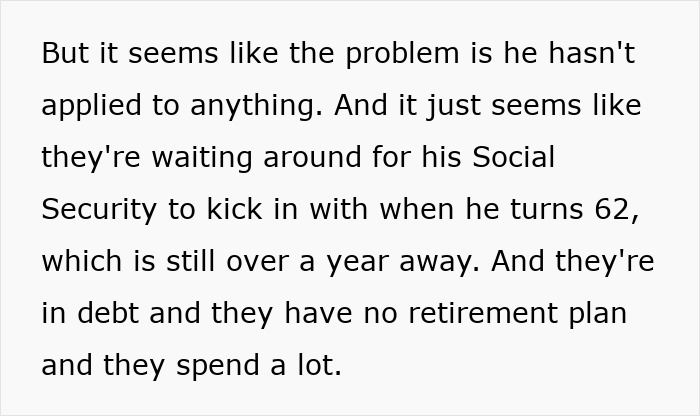 Text excerpt discussing Social Security delay, debt issues, and lack of retirement plan in a newlywed's desperate call to radio.