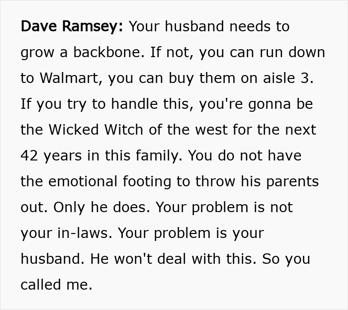 Text excerpt from Dave Ramsey about a newlywed seeking advice on handling in-laws and marital issues on a radio show.