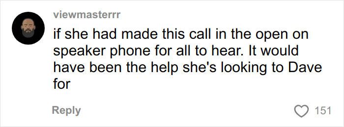 Comment by user viewmasterrr discussing a newlywed's desperate radio show call for help to Dave.