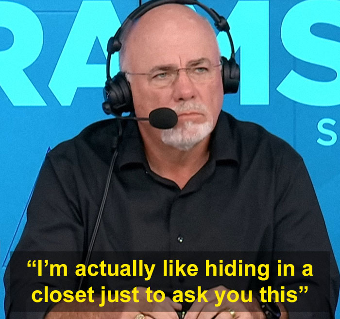Man hosting radio show wearing headset and black shirt responding to a newlywed hiding in a closet to ask a question