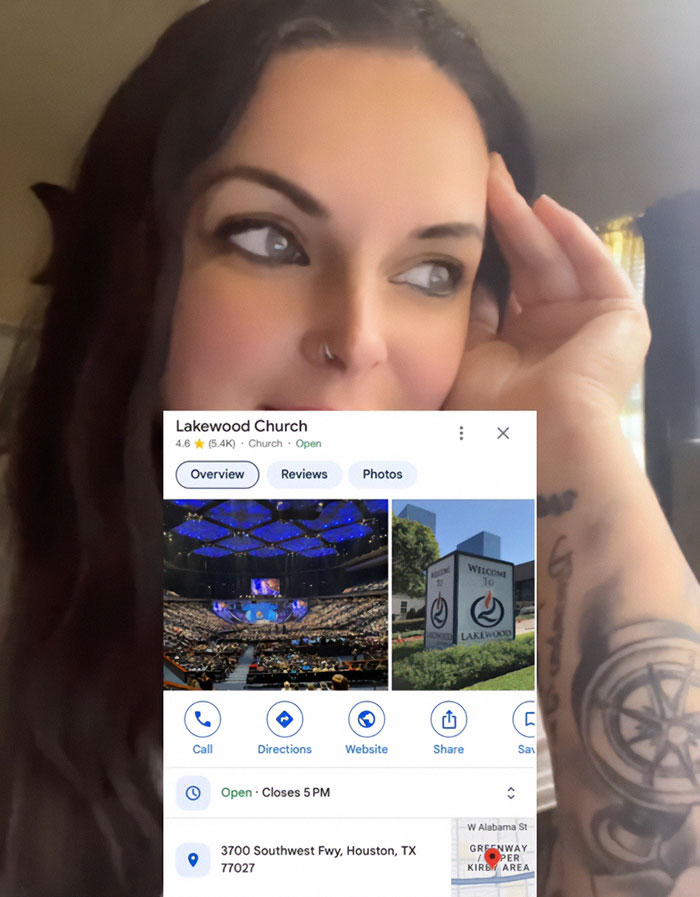 Woman conducting social experiment with US megachurches shown with Lakewood Church info and location in Houston Texas Woman conducting social experiment with US megachurches shown with Lakewood Church info and location in Houston Texas