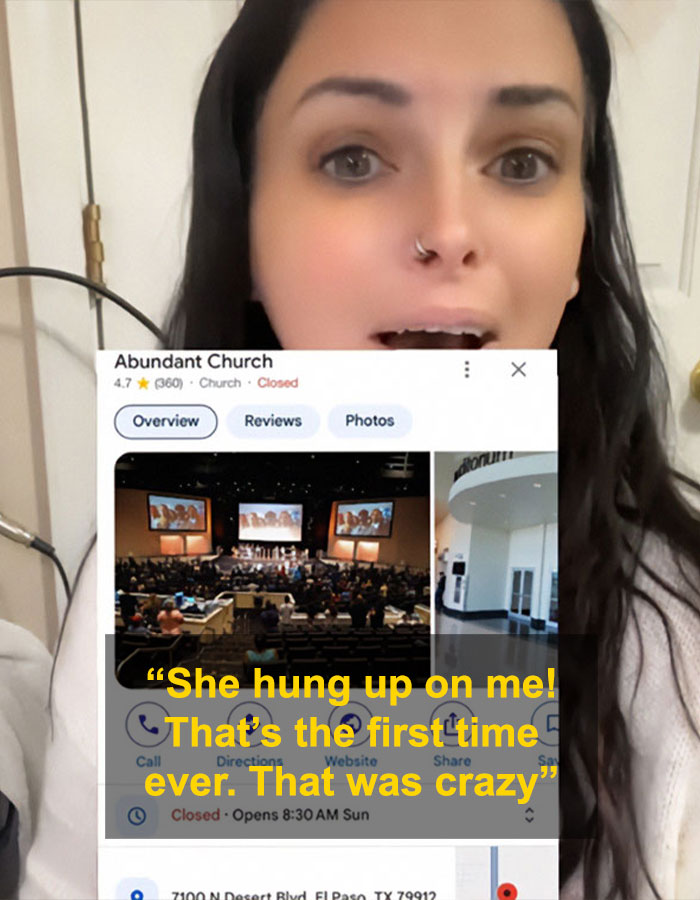 Woman conducting social experiment with US megachurches shown on phone screen with church details and review. Woman conducting social experiment with US megachurches shown on phone screen with church details and review.