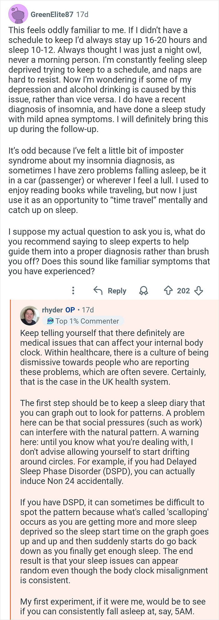Reddit conversation discussing sleep patterns and challenges living out of sync with the outside world’s 24-hour cycle.