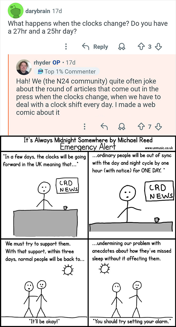 Reddit comments and comic strip illustrating living out of sync with the outside world through clock changes and day-night cycles.