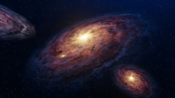 Spiral galaxies glowing with bright centers in deep space, illustrating comically absurd facts about the universe.