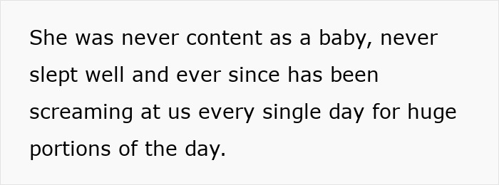 Text on a white background describing a toddler who never slept well and screams daily for long portions of the day.