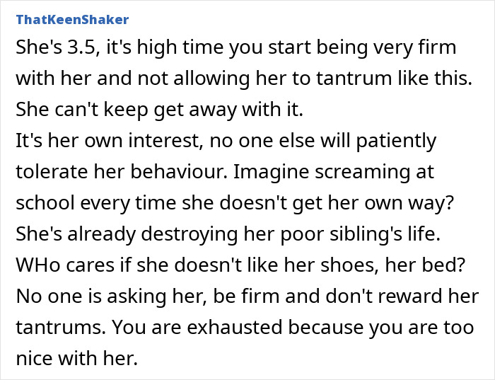 Text comment on parenting challenges with a 3-year-old involving daily screaming, meltdowns, and the toll on family life.