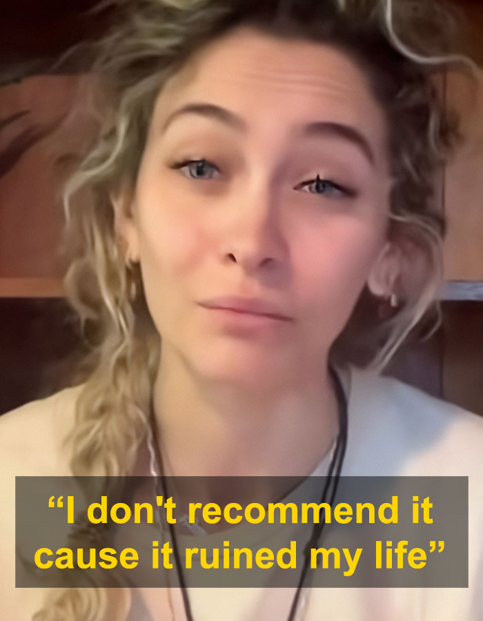 Paris Jackson speaking about how substance use deformed her face and affected her life in a close-up portrait.