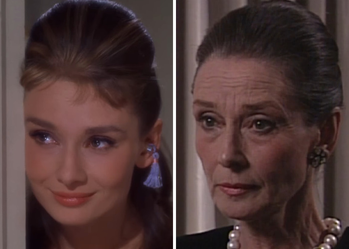 Side-by-side comparison of Audrey Hepburn's youthful and aged appearance highlighting natural aging over time.