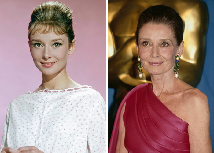 Side-by-side images showing actress Audrey Hepburn young and aged, highlighting her aging transformation and reactions.