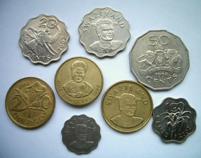 Various Swaziland coins arranged on a white surface, illustrating examples of a lucrative loophole in currency exchange.
